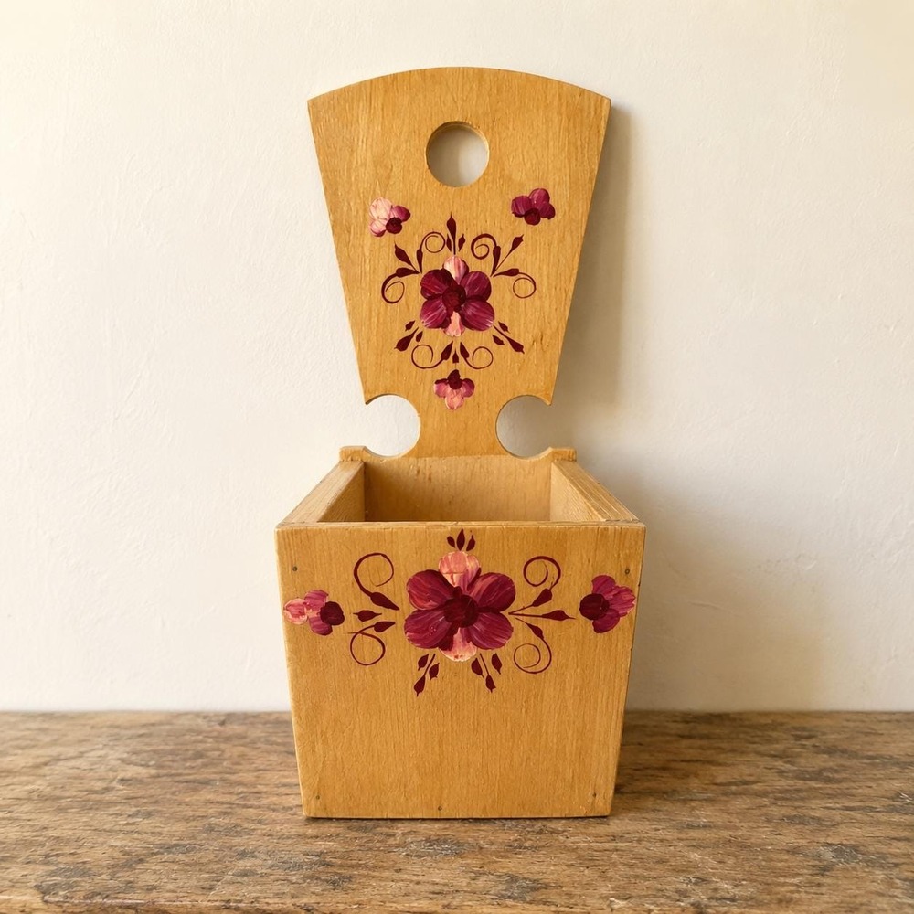 Vintage 1990 Soviet Wood Salt Box Hand Painted Floral Folk Art Wall Mounted
